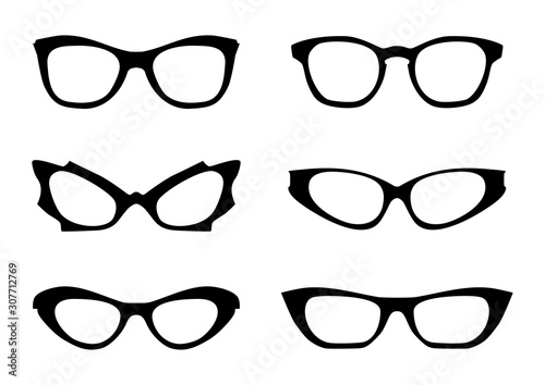 Eyglasses. Black silhouettes of eyeglass frames in the style of the 1960s. Front view. Flat vector.