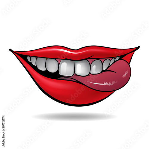 open mouth with sexy red lips and tongue on white background. vector illustration