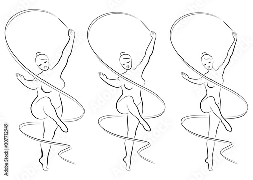 Collection. Silhouette of a cute lady, she is engaged in rhythmic gymnastics with a ribbon. The woman is overweight and slender girl athlete. Vector illustration set