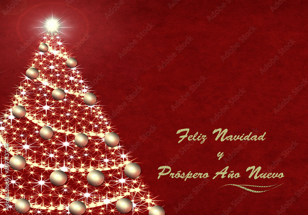 Felicitación, tarjeta de Navidad, año nuevo, árbol sobre fondo rojo para  escribir texto. ilustración de Stock | Adobe Stock