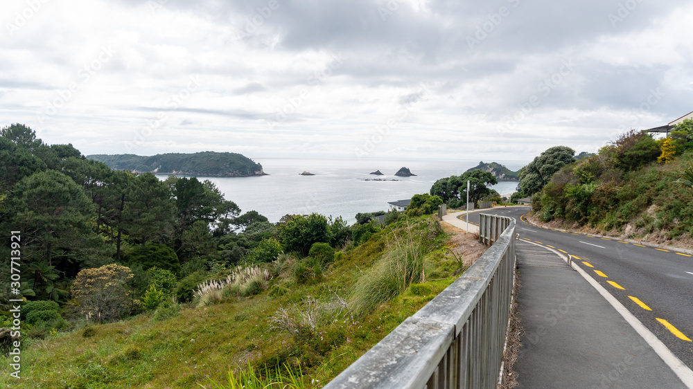 View of Te Whanganui-A-Hei Cathedral Cove Marine Reserve from road in Coromandel Peninsula, New Zealand