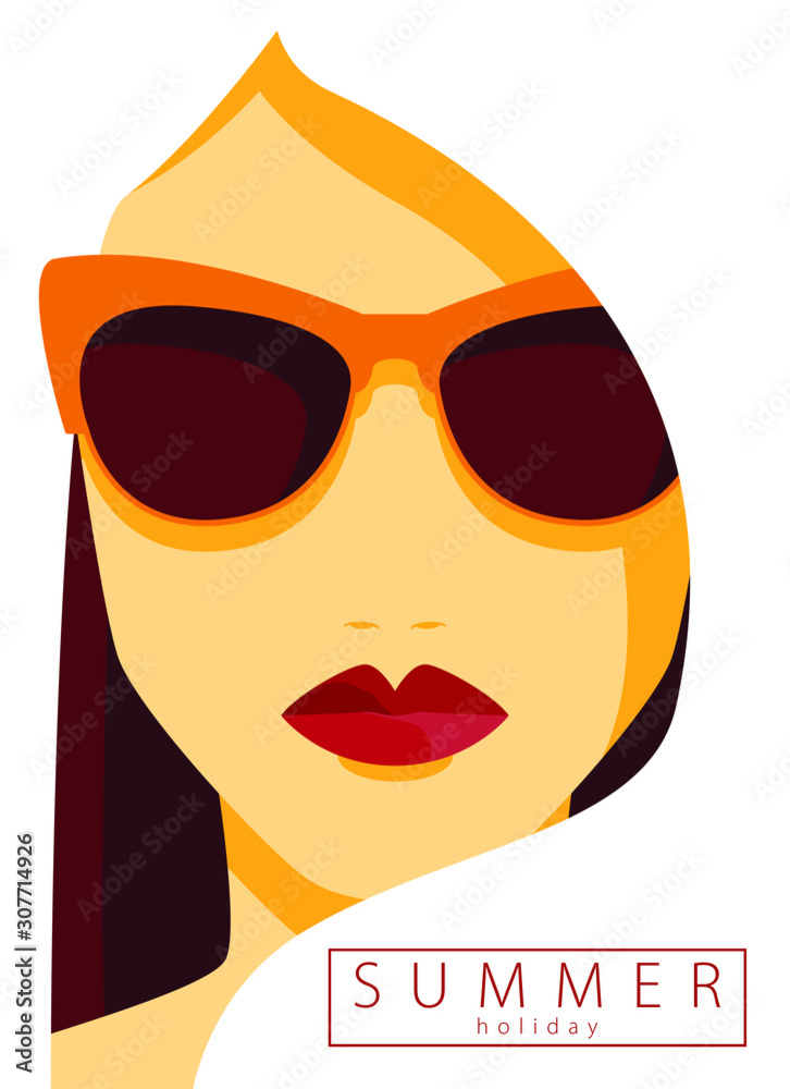 Flat beautiful vector face of woman with sunglasses, summer holiday poster in minimalism style, vector flat illustration Flat beautiful vector face of woman with sunglasses, summer holiday poster in minimalism style, vector flat illustration