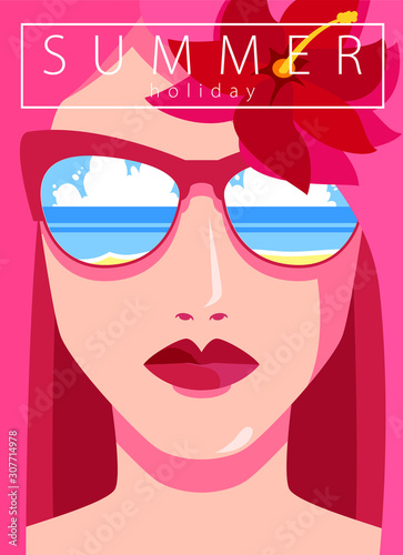 Summer holiday and summer camp poster, fashion portrait of a model girl with sunglasses, trendy colors poster or flyer, vector poster summer time 