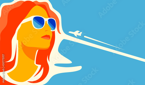 Beautiful woman in flat design, vector illustration in minimalism style, fashion and beauty face of woman with sunglasses and airplane