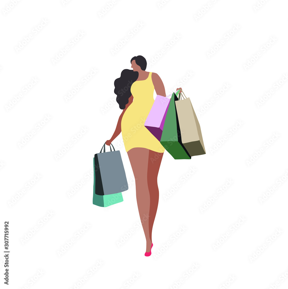 Vector illustration tanned girl goes shopping with bags 