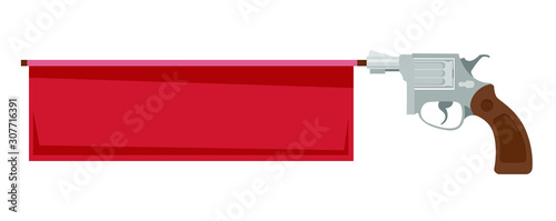 Vector illustration of flat cartoon pistol, revolver, gun with flag, vector banner illustration