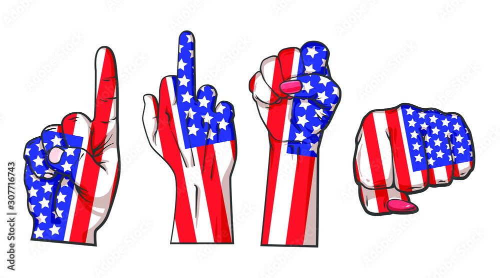 Set of hands with American flag, hand drawn realistic sketch