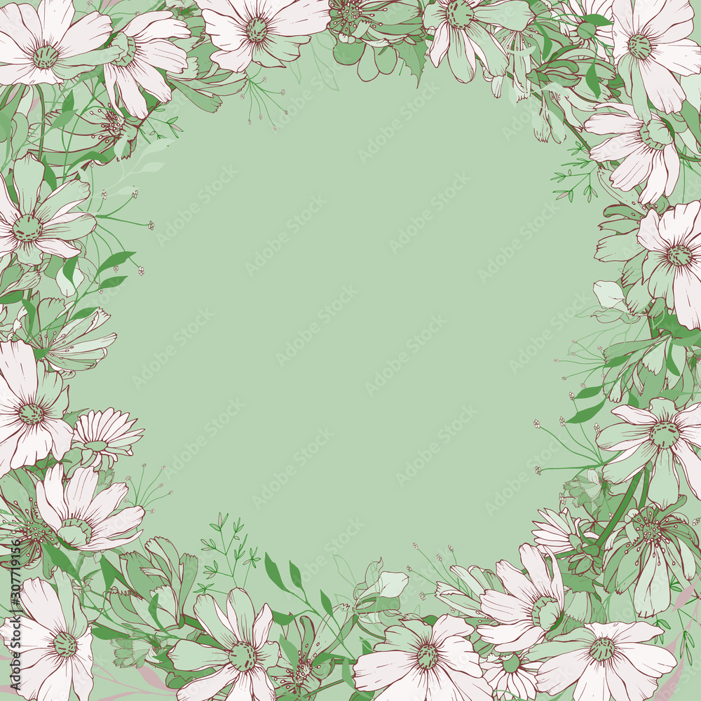 Frame with white and green wildflowers and leaves on green background. Copy space. Hand drawn. For your design, greeting cards, wedding invitation. Vector floral stock illustration. Frame with white and green wildflowers and leaves on green background. Copy space. Hand drawn. For your design, greeting cards, wedding invitation. Vector floral stock illustration.