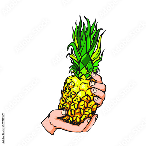 Realistic hand drawn sketch of human hand with pineapple, vector illustration isolated on white background