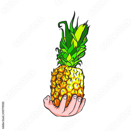 Realistic hand drawn sketch of human hand with pineapple, vector illustration isolated on white background