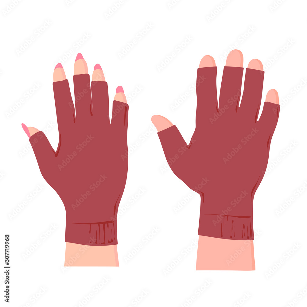 Flat hands with gloves, male and female hands, vector flat cartoon illustration isolated on white background Flat hands with gloves, male and female hands, vector flat cartoon illustration isolated on white background