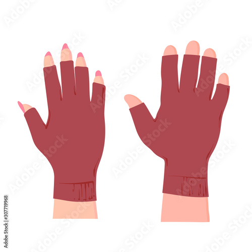 Flat hands with gloves, male and female hands, vector flat cartoon illustration isolated on white background