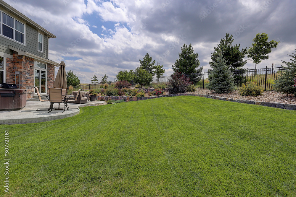 Suburban home with large green lawn and drought-tolerant xeriscaping