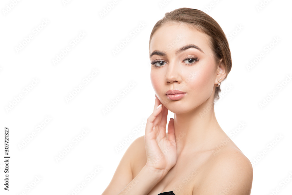 Portrait of a woman with perfect skin. Lifting effect, cosmetology. White background Portrait of a woman with perfect skin. Lifting effect, cosmetology. White background