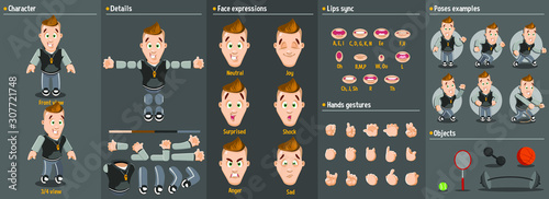 Cartoon male coach constructor for animation. Parts of body: legs, arms, face emotions, hands gestures, lips sync. Full length, front, three quarter view. Set of ready to use poses,