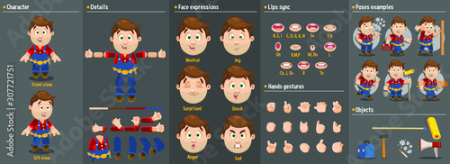 Cartoon builder, worker male constructor for animation. Parts of body: legs, arms, face emotions, hands gestures, lips sync. Full length, front, three quarter view. Set of ready to use poses