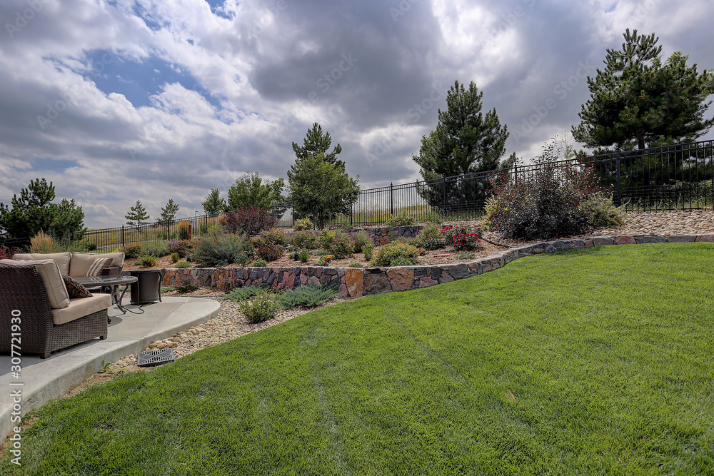 Suburban home back yard with lawn and drought-tolerant xeriscaping