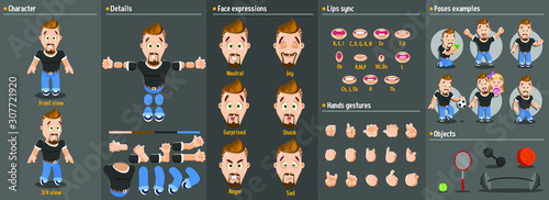 Cartoon bearded sportsman, athlete constructor for animation. Parts of body: legs, arms, face emotions, hands gestures, lips sync. Full length, front, three quarter view. Set of ready to use poses, 
