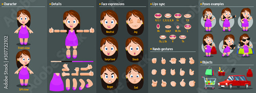Cartoon beautiful young woman constructor for animation. Parts of body: legs, arms, face emotions, hands gestures, lips sync. Full length, front, three quarter view. Set of ready to use poses, objects