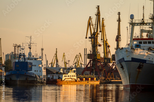 Russia, Kaliningrad, hoisting cranes in the commercial port at sunset