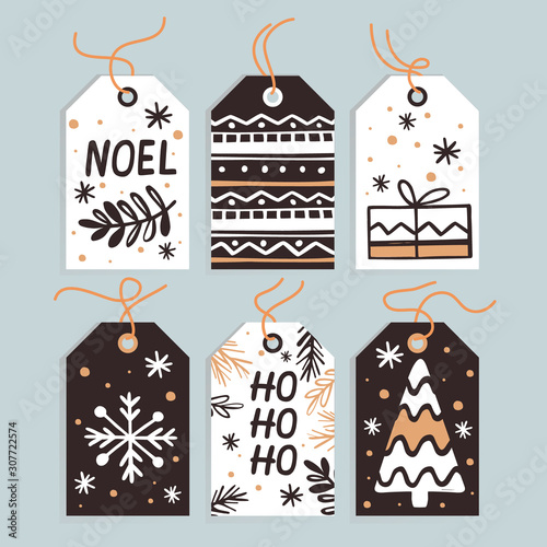 Set Merry Christmas and New Year gift tags and cards. Vector illustration