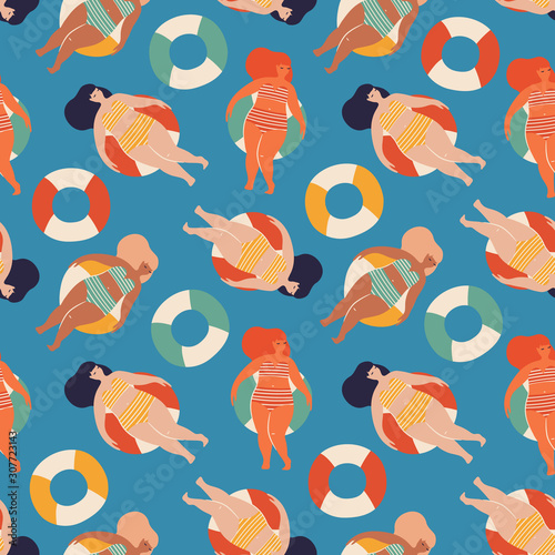 Summer joy seamless pattern in vector. Girls relaxing in the swimming pool illustration