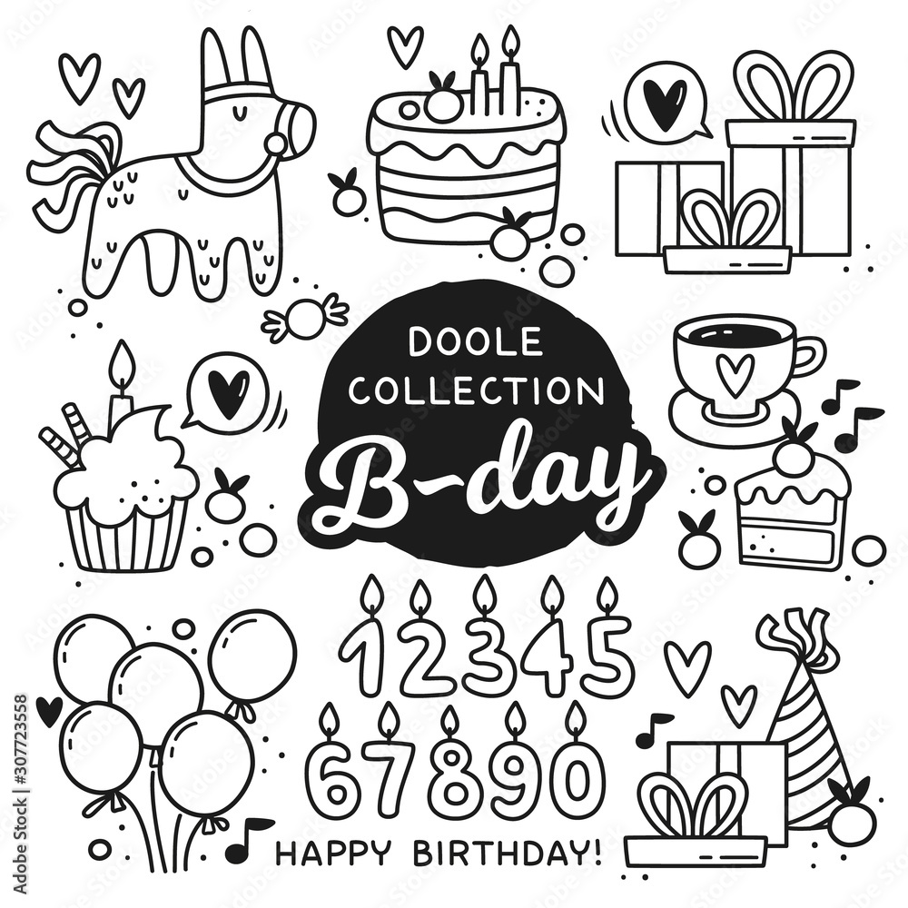 Hand drawn doodle style birthday elements. Clip arts collection
