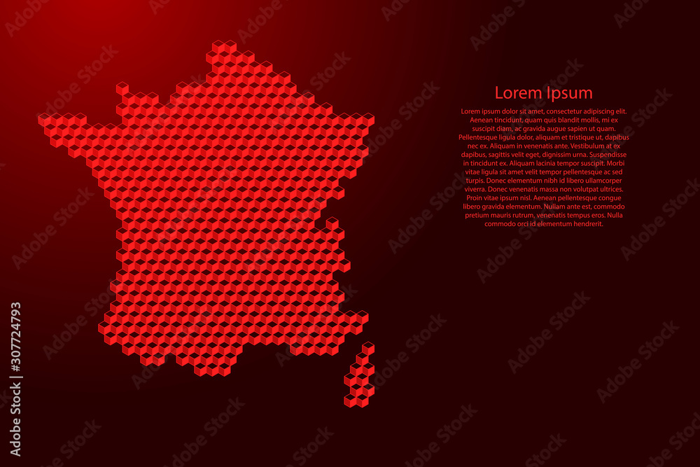 France map from 3D red cubes isometric abstract concept, square pattern, angular geometric shape, for banner, poster. Vector illustration. France map from 3D red cubes isometric abstract concept, square pattern, angular geometric shape, for banner, poster. Vector illustration.