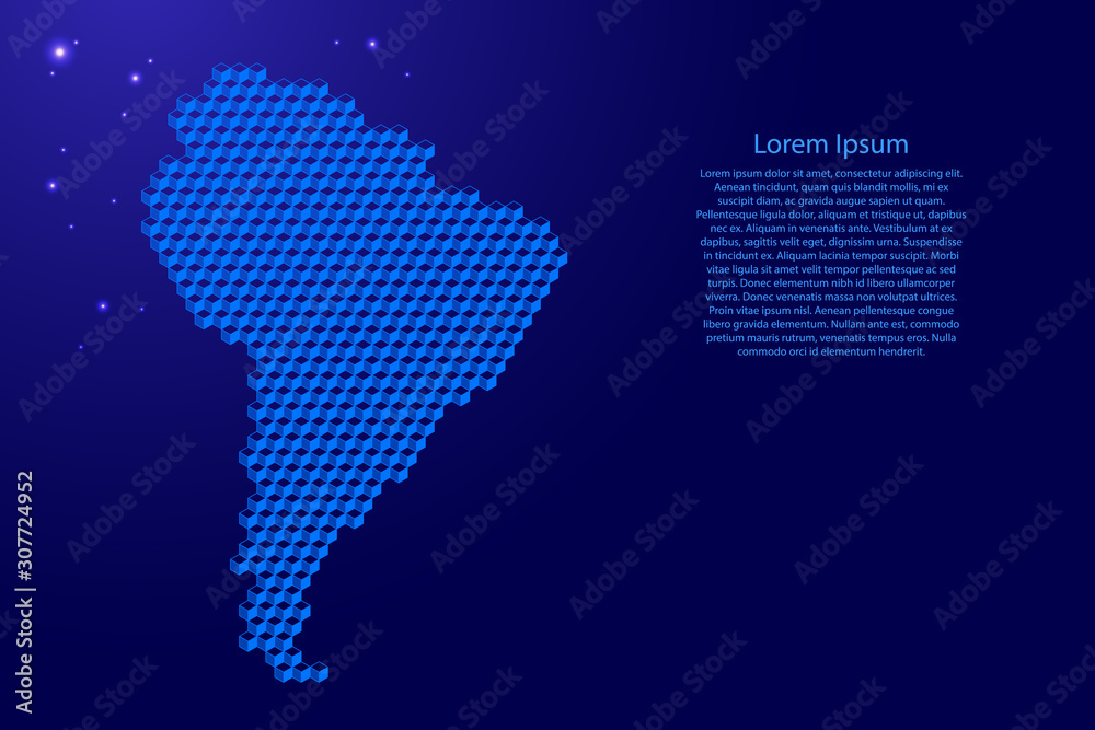 South America mainland map from 3D blue cubes isometric abstract concept, square pattern, angular geometric shape, glowing stars. Vector illustration.