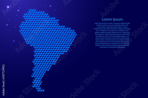 South America mainland map from 3D blue cubes isometric abstract concept, square pattern, angular geometric shape, glowing stars. Vector illustration.