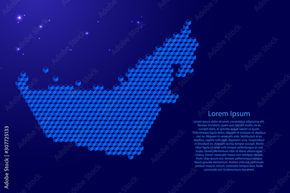 United Arab Emirates map from 3D blue cubes isometric abstract concept, square pattern, angular geometric shape, glowing stars. Vector illustration.