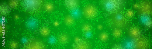 Green christmas banner with snowflakes. Merry Christmas and Happy New Year greeting banner. Horizontal new year background, headers, posters, cards, website.Vector illustration