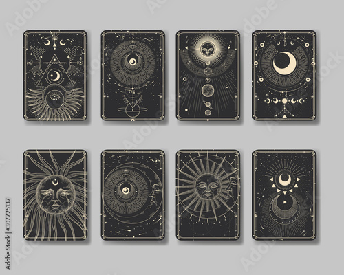 Vector illustration set of moon phases. Different stages of moonlight activity in vintage engraving style. Zodiac Signs