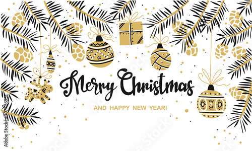 Merry Christmas. Holiday card with calligraphy. Hand made design elements. Hand made modern lettering.