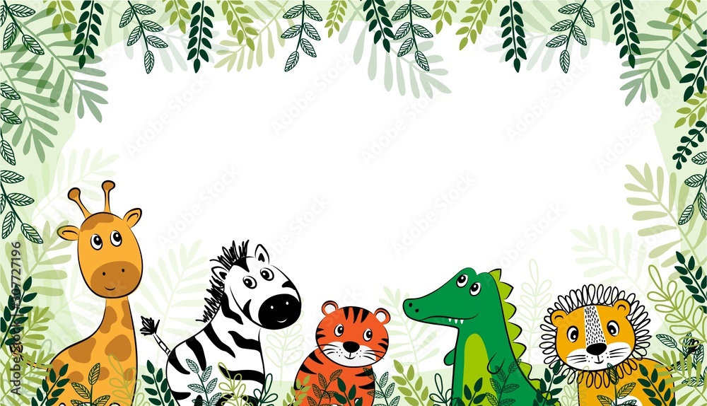 Naklejka premium Hand drawn portrait of a cute funny elephant, giraffe crocodile, lion, tiger and Zebra . Isolated objects on white background.