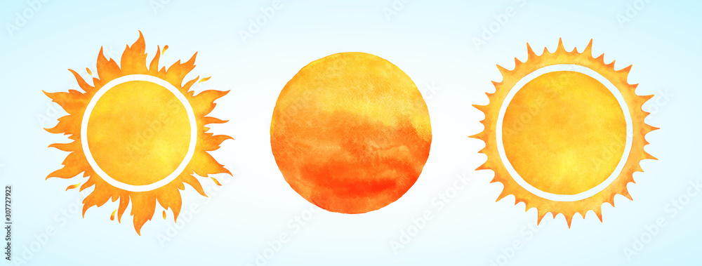 Watercolor vector sun shapes. Rising sun, sunset, dawn illustrations set. Fire colors round shape, watercolour stains. Orange red yellow circle, flaming crown frame. Maslenitsa, Shrovetide background.