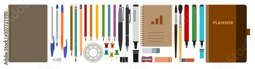 Office supplies and school items assortment. Vector. Big stationery set: pencils, pens, text marker, brushes, pins, Scotch tape, erasers, paperclips, notepads. Isolated. Flat cartoon style. Top view.