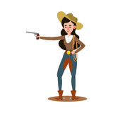 American cowgirl standing and holding up one pistol to the side. Vector illustration in flat cartoon style