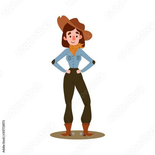 American cowgirl standing with a yellow bandana and brown hat, boots. Vector illustration in flat cartoon style