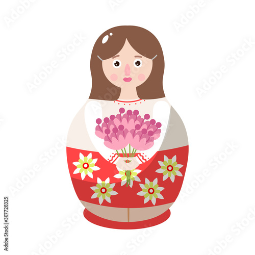 Nesting doll in colorful costume with flower ornament. Vector illustration in flat cartoon style