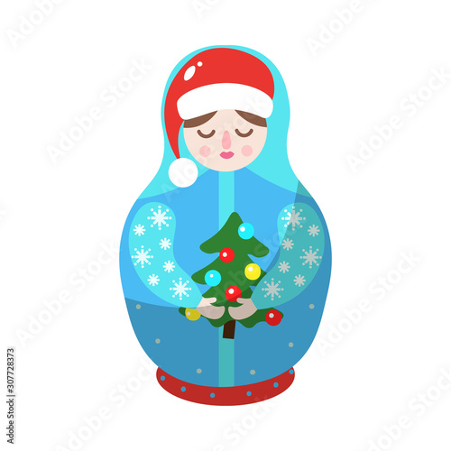 Nesting doll in winter style with Christmas tree. Vector illustration in flat cartoon style