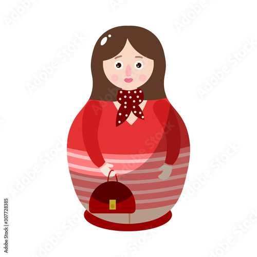 Nesting doll in a colorful drawing red costume with a handbag. Vector illustration in flat cartoon style