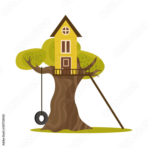 Cute small treehouse with stairs and tire swing. Vector illustration in flat cartoon style