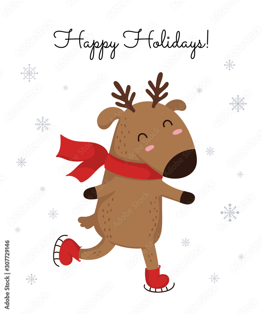 Fototapeta premium Creative postcard for Christmas and New Year with cute deer and winter slogan