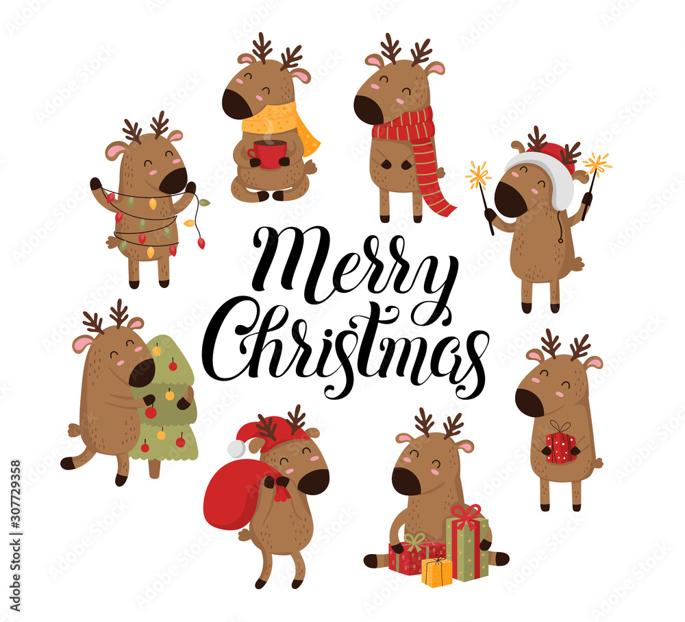 Creative collection of cute deer for Christmas and New Year. Vector cartoon doodle isolated illustration of reindeer Creative collection of cute deer for Christmas and New Year. Vector cartoon doodle isolated illustration of reindeer
