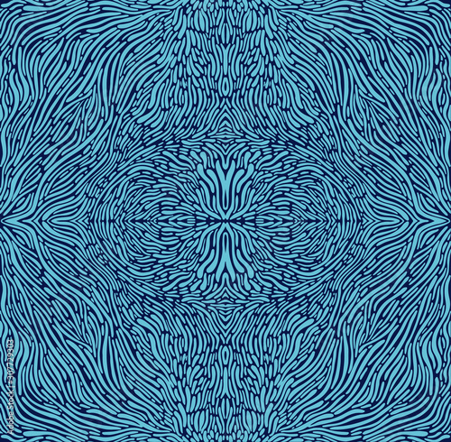Psychedelic tryppi colorful fractal pattern, blue outline, dark blue color background. Surreal abstract