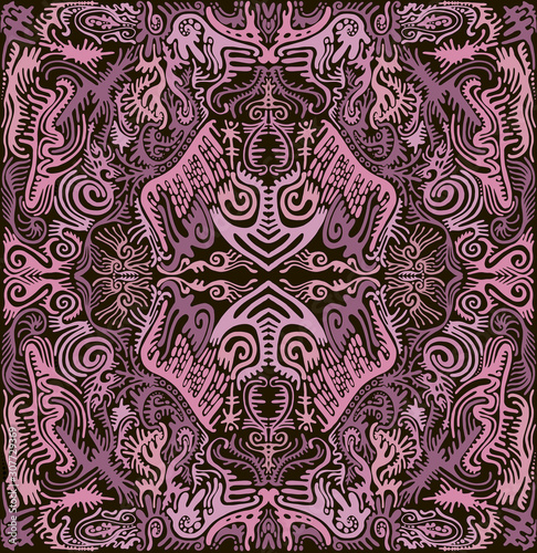 Slika na platnu Abstract mandala with original patterns, lilac and ashen violet color contour on a dark brown background