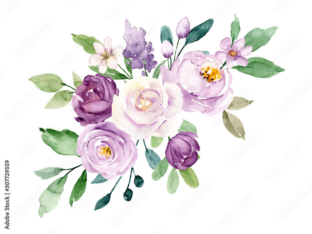 Violet Flowers Watercolor Floral Clip Art Bouquet Roses Perfectly For Printing Design On