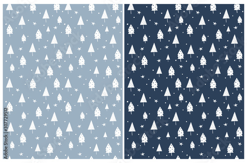 White Christmas Tree Seamless Vector Pattern. White Trees and Stars Isolated on a Blue Background. Cute Infantile Style Winter Forest Illustration Ideal for Fabric, Wrapping Paper, Party Decoration.