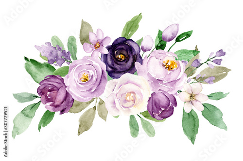 Violet flowers watercolor, floral clip art. Bouquet roses perfectly for printing design on invitations, cards, wall art and other. Botanical illustration isolated on white background. Hand painting.